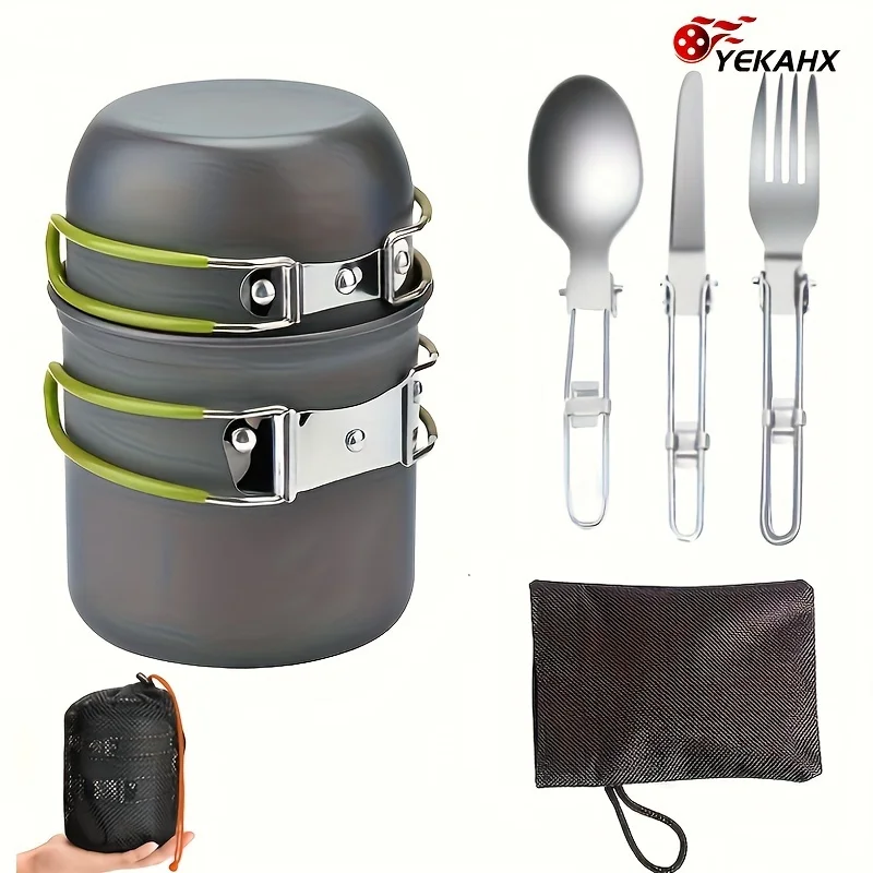 露营炊具套装,耐用金属锅、易于携带且占用空间小,适合户外背包露营野餐,露营装备和器材,露营配件,炊具,刀叉,可折叠收纳,圣诞节,新年礼物