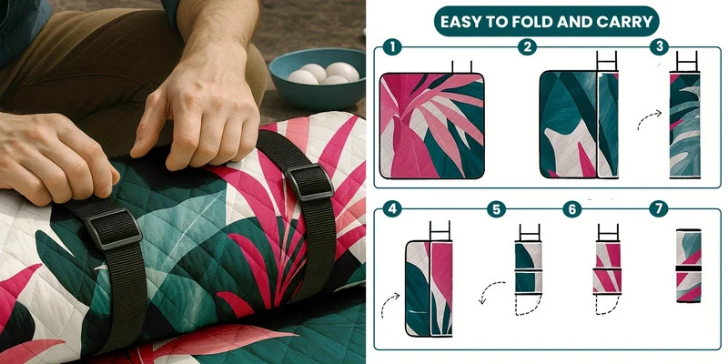 超大号 78x78 英寸可折叠野餐毯 | 柔软加厚层次设计,花卉水果印花,带提手,PU涂层牛津布,仅可手洗 - 适合海滩、公园、露营、旅行