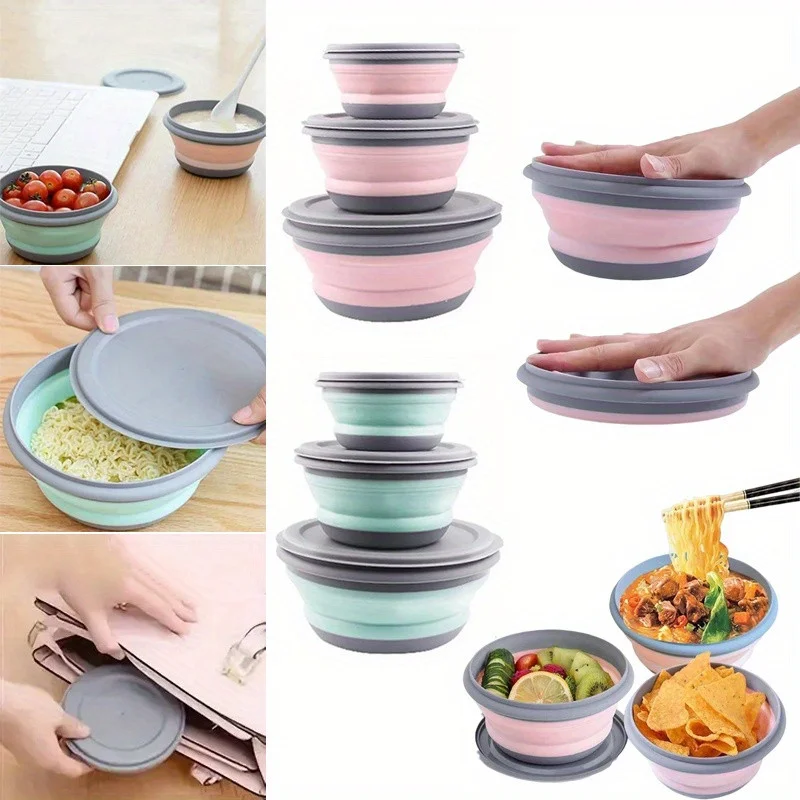 3件套露营折叠碗 可伸缩饭盒 沙拉碗 带盖便当盒 食物储存容器