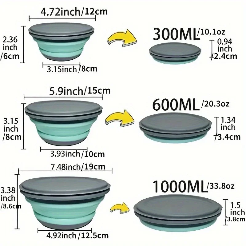 3件套露营折叠碗 可伸缩饭盒 沙拉碗 带盖便当盒 食物储存容器