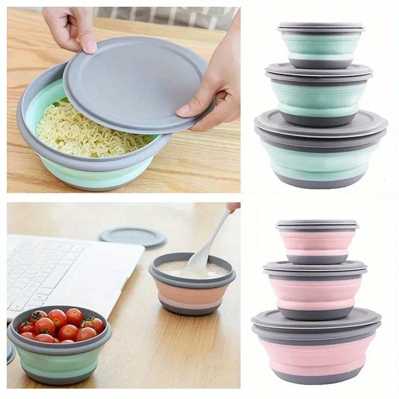 3件套露营折叠碗 可伸缩饭盒 沙拉碗 带盖便当盒 食物储存容器