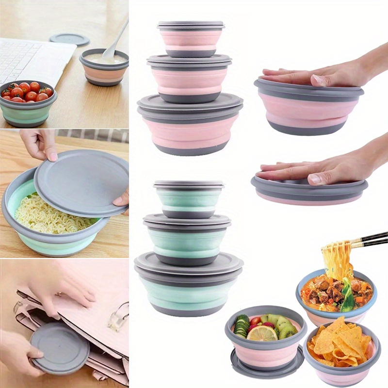 3 Package camping folding bowl, retractable lunch box, salad bowl with lid, bento box, food storage container 