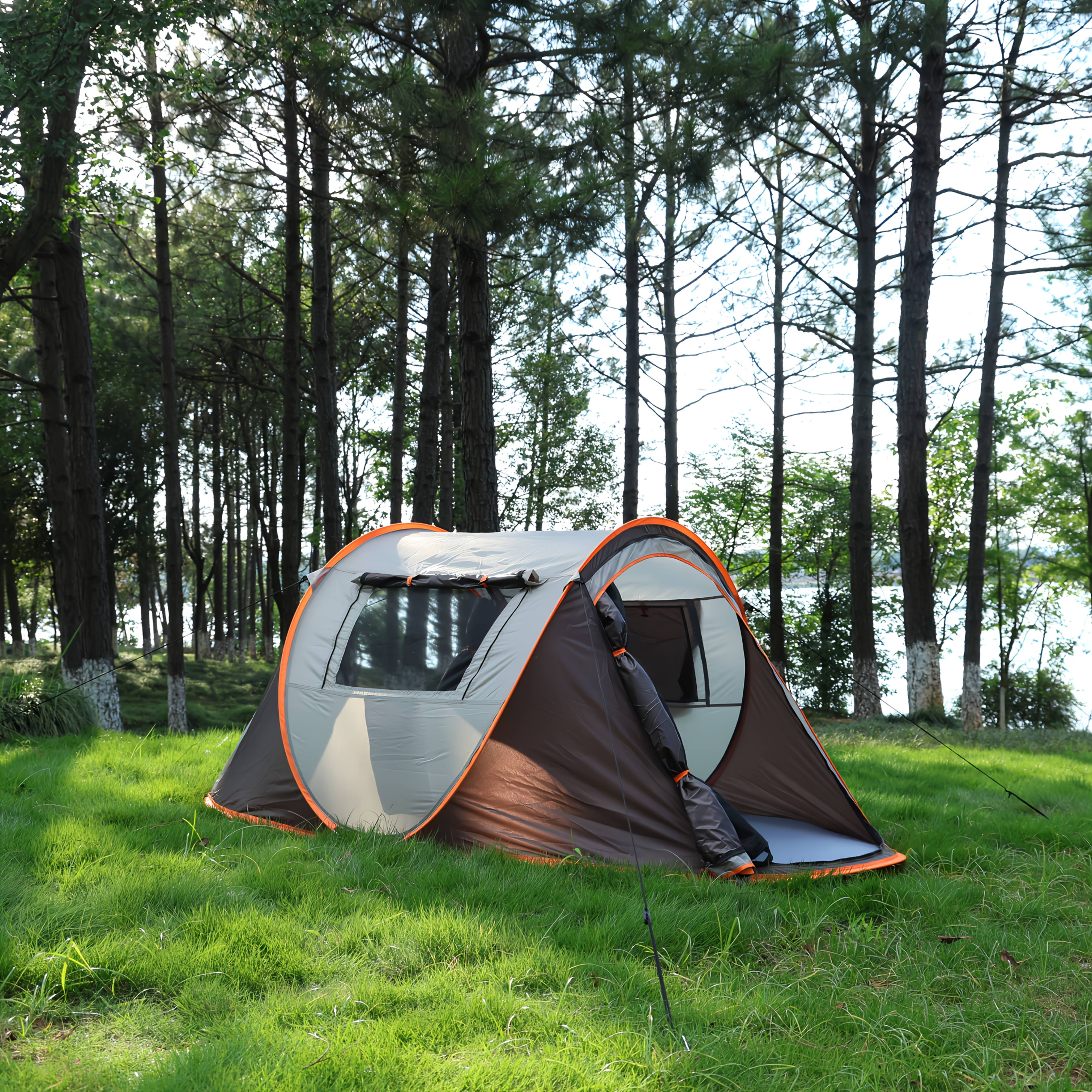 Fully automatic quick-open small tent family pop-up camping outdoor tent Material: Fabric: 190T polyester velvet Pu2000Mm Base fabric: 210D Oxford cloth Pu2000Mm Frame: fiberglass pole 4.5Mm Ground nails: 3.0Mm 8 pcs (1.18*7.09 inches) Windproof rope: 4 pcs (1
