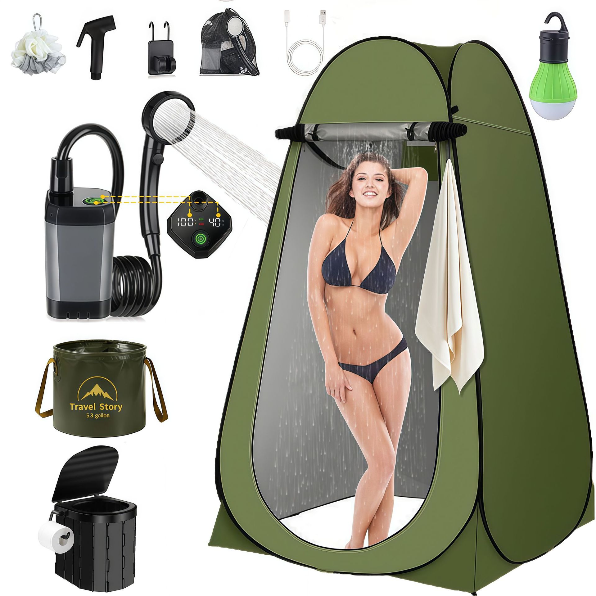 6000+20L+toilet+green tent package: 1.2M tent+6000 gray+20L bucket+bath ball+spray gun+light+hook toilet