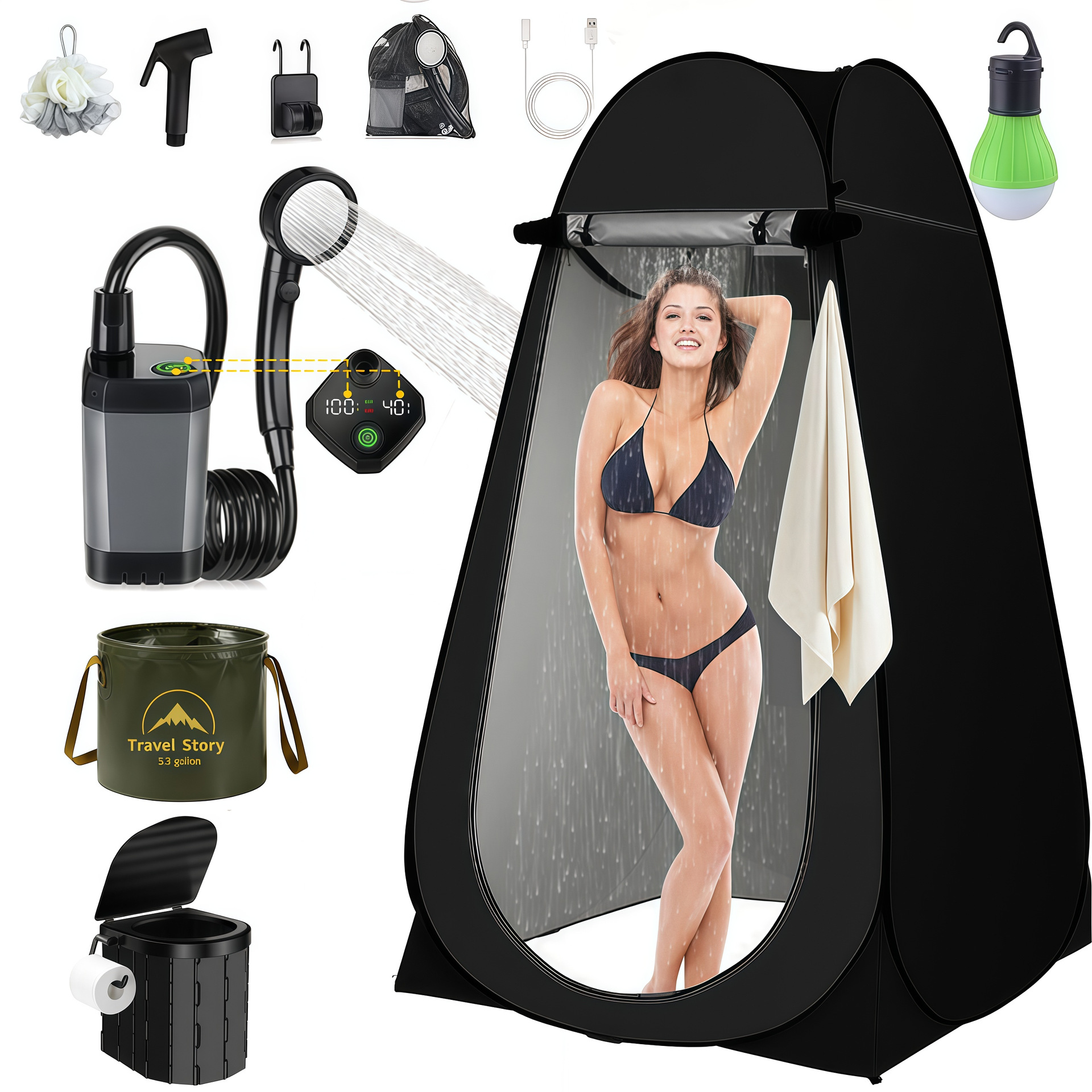 6000+20L+toilet+black tent package: 1.2M tent+6000 gray+20L bucket+bath ball+spray gun+light+hook toilet
