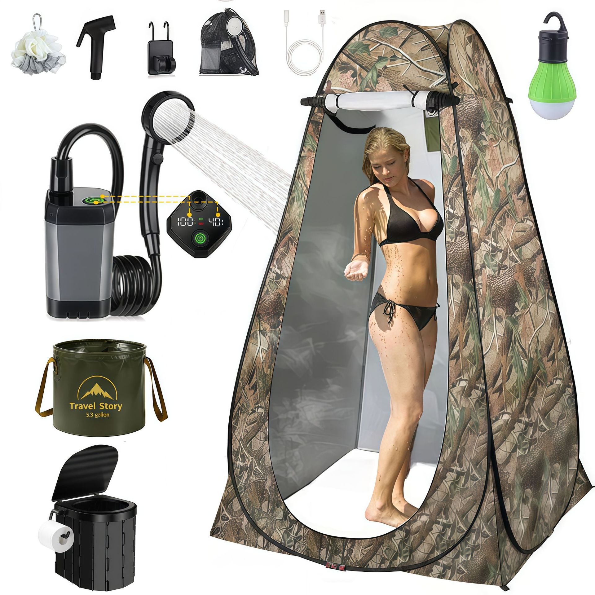 6000+20L+toilet+large camouflage tent package: 1.2M tent+6000 gray+20L bucket+bath ball+spray gun+light+hook toilet