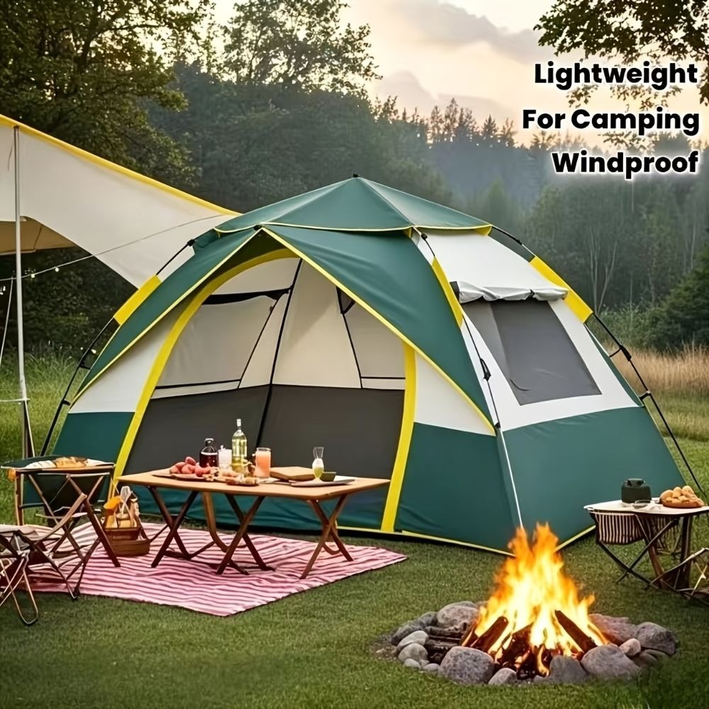 Automatic quick opening camping tent, suitable for 1-3/3-4 people in all seasons, equipped with double doors and screen windows, windproof and lightweight green/beige tent, suitable for camping, hiking, hunting, travel, outdoor shelters, camper accessories, camping tents, gifts