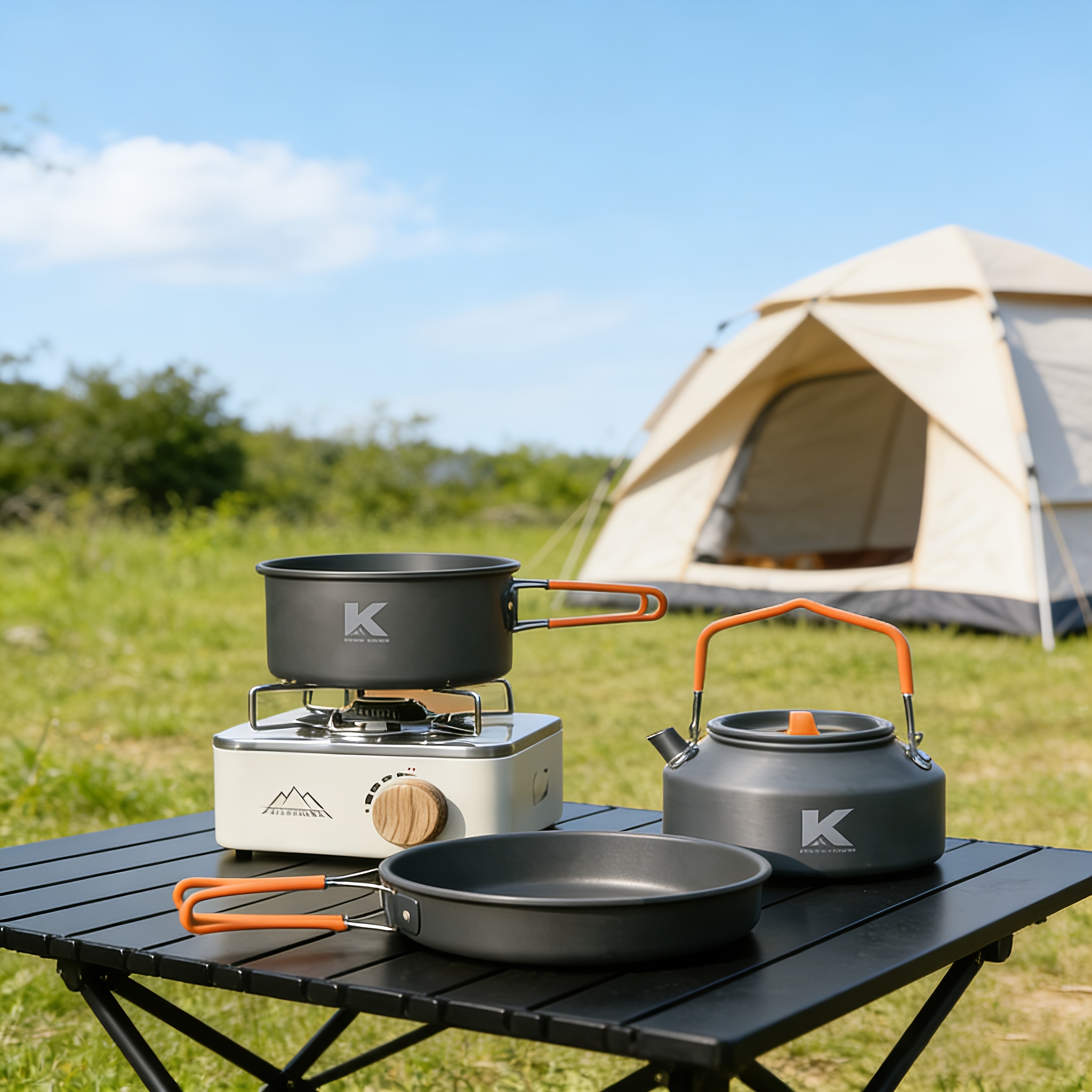 Jetbeam10PCS orange thick outdoor camping (camping pot medium size and flat bottom pot medium size+1.1L kettle) portable combination pot set camping tableware, occupying small space, foldable storage,