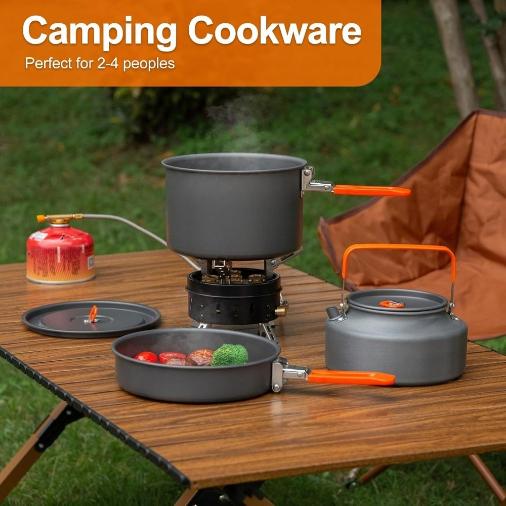 Three piece portable camping cooking utensil set, camping cooking pan, frying pan, and 1.1-liter kettle set, portable camping utensil set with mesh bag camping, backpack, outdoor cooking, and picnic