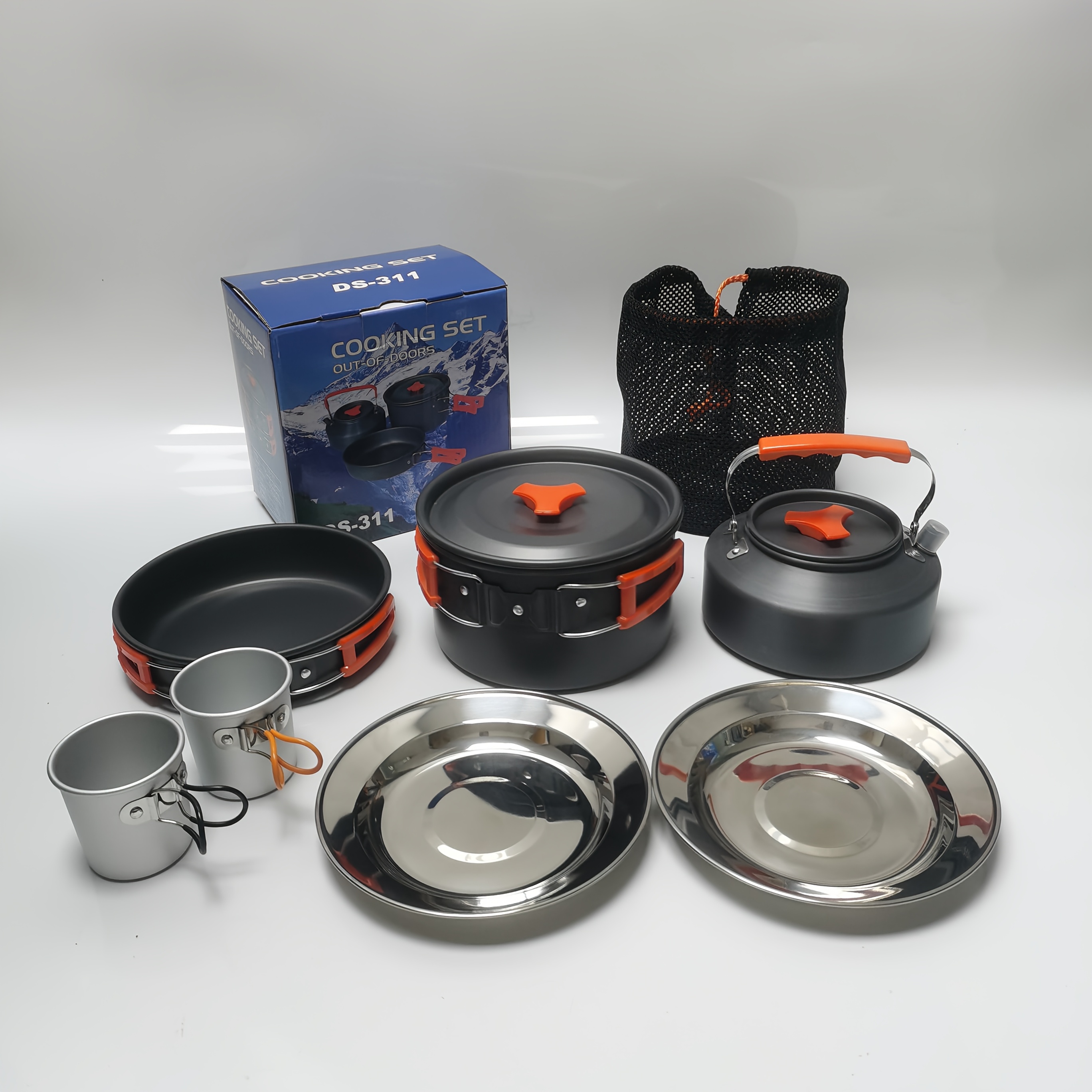 Water kettle set for 2-3 people camping cookware outdoor camping cookware portable combination cookware set camping utensils, convenient to carry, small space occupation, boiling pot, frying pan, kett