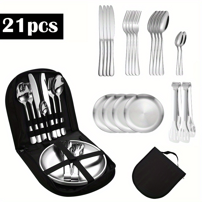 21-piece set of stainless steel camping cutlery - Light and sturdy outdoor dining tools including plates, forks and spoons, perfect for hiking, backpacking and camping - perfect for traveling and outdoor dining