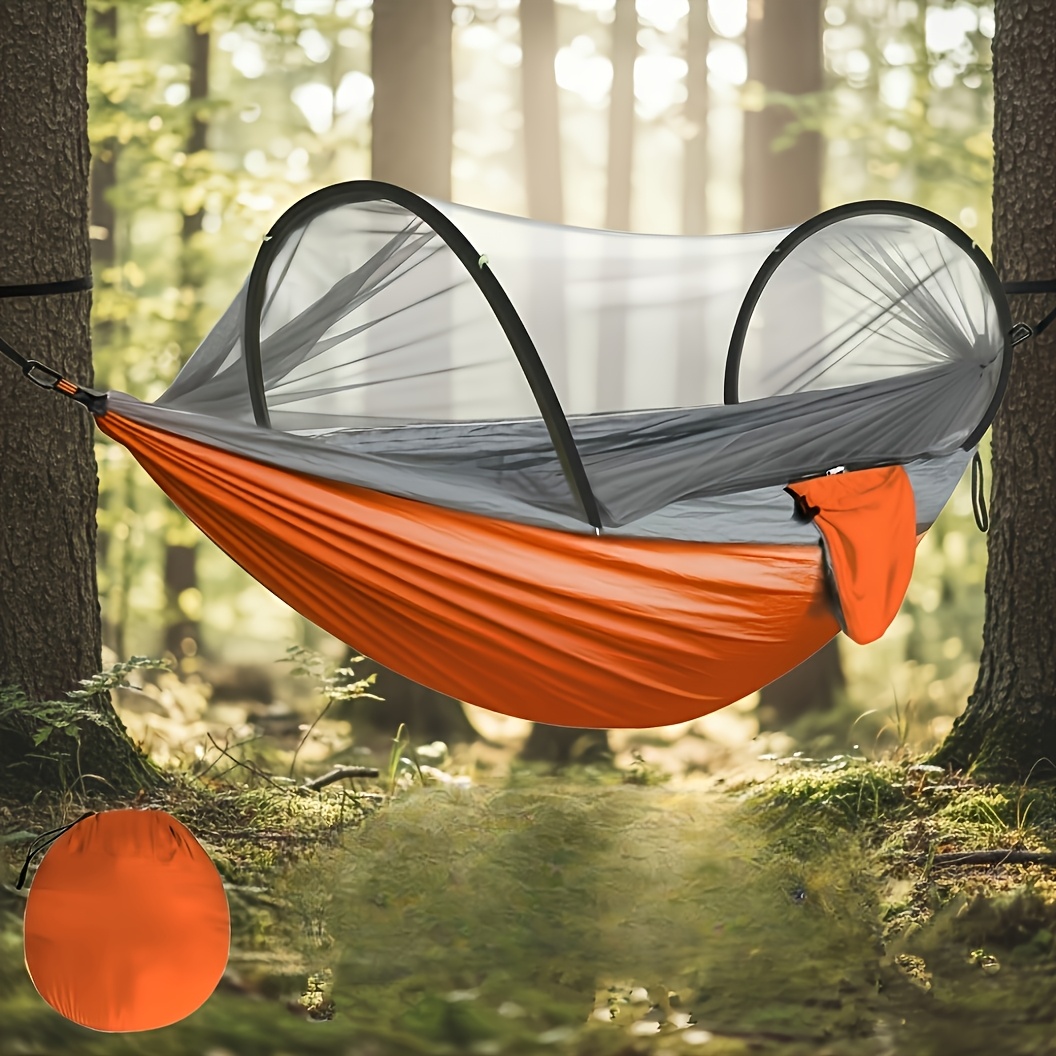 Courtyard outdoor hammock, camping hammock, portable single hammock and double hammock, lightweight nylon parachute hammock hanging hammock tree strap swing hammock suitable for outdoor, courtyard, anti-mosquito hammock, outdoor hiking and camping equipment essential (military green orange)
