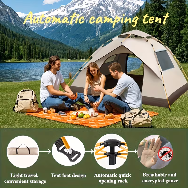 SKYNEST automatic quick-opening camping tent, 1-3/3-4 person all-season tent, equipped with double doors and screen windows, windproof and lightweight green/beige tent, suitable for camping, hiking, h