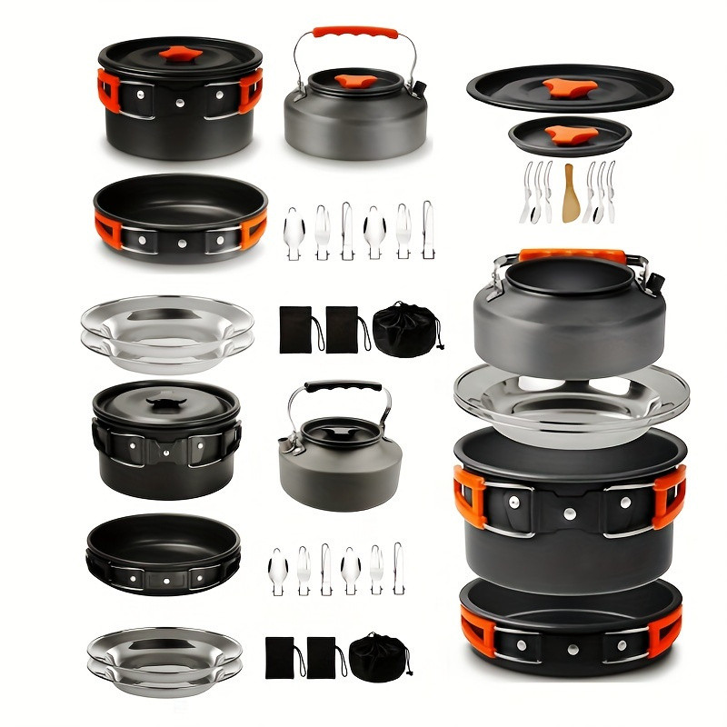 Kettle set pot for 2-3 people camping pots and pans outdoor camping cookware portable combination pot set camping tableware, easy to carry and takes up little space, cookware, frying pan, kettle, two