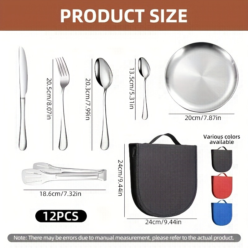 12-piece heavy-duty stainless steel camping tableware set, portable and durable outdoor picnic tableware｜Dishwasher safe｜Comes with plates, cutlery, food clips and hand storage bag｜Suitable for picnic
