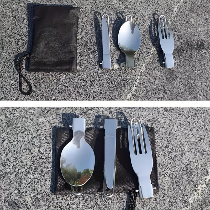 야외 캠핑, 하이킹, 피크닉 및 여행에 적합한 휴대용 숟가락, 포크, 나이프, 보관 가방, 휴대용 식기를 포함한 3개의 스테인레스 스틸 휴대용 식기 세트