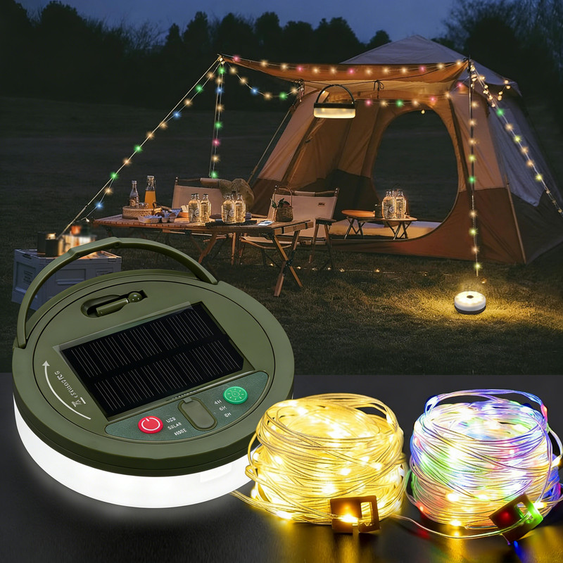 Solar camping string lights, outdoor camping lights, 8 lighting modes (33 feet), waterproof, Type-C fast charging, portable camping lights, suitable for camping/garden/hiking