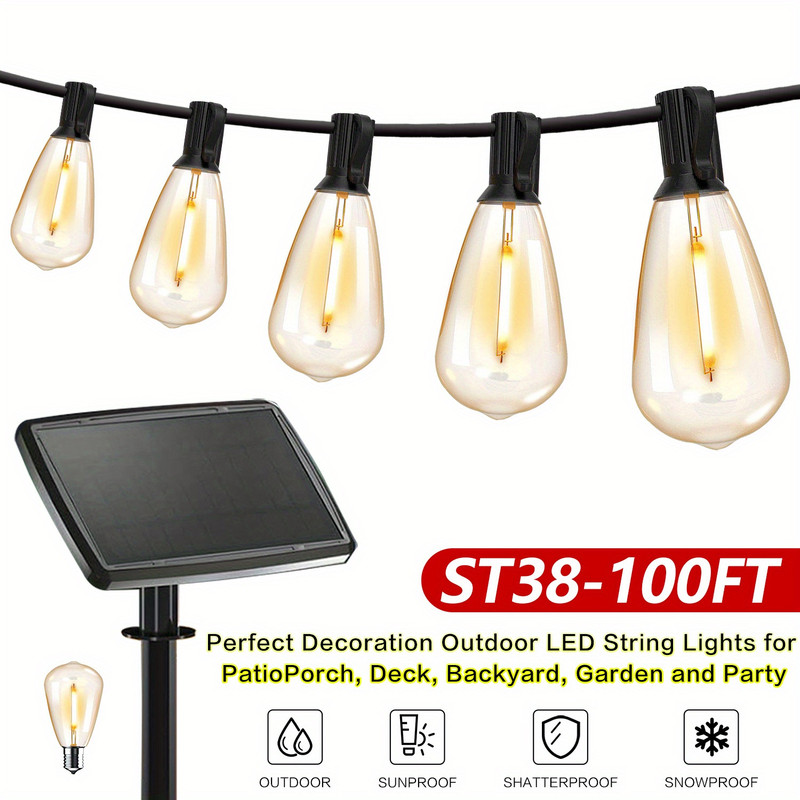 50/100 feet solar outdoor string lights, USB rechargeable garden light rope, 2700K warm white light, weather-resistant material, 12+1/24+1 anti-break ST38 E12 bulbs, suitable for patio, backyard, porc