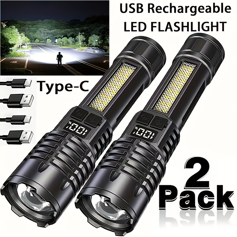 2/1 Pack Rechargeable Flashlight, High Lumen Super Bright Flashlight, 5 Modes Zoomable Flashlight with LCD Digital Display, Powerful Handheld LED Flashlight for Emergency, Camping, Fishing